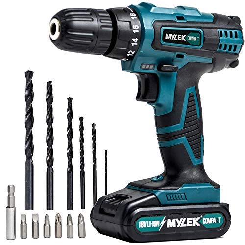 MYLEK 18V Cordless Drill - Lithium Ion Drills Driver Screwdriver Set - 13 Piece Combi Accessory Kit - LED Worklight, 18 Volts