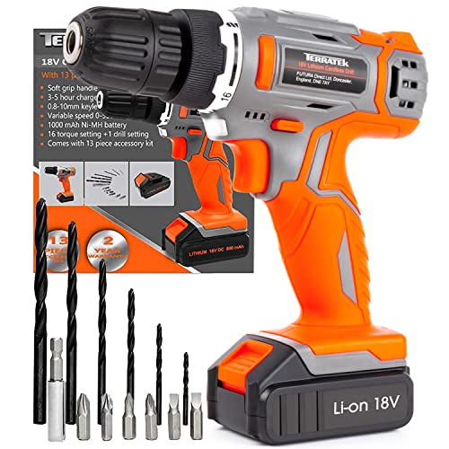 Terratek 13Pc Cordless Drill Driver 18V/20V-Max Lithium-Ion, Electric Screwdriver, Accessory Kit, LED Work Light, Quick Change Battery & Charger Included
