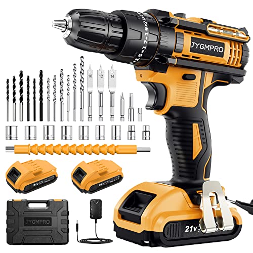 JYGMPRO Cordless Drill Driver 21V, Cordless Hammer Drill with 2 Batteries 2000mAh, 25+3 Torque, 42N.m Max Electric Drill, 30PCS Drill Bits, 2 Speed, LED Light for Home and Garden DIY Project