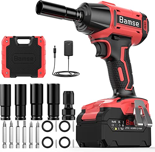 Bamse Cordless Impact Wrench Brushless, Power Impact Gun 21V, 1/2 Inch, 4.0Ah Battery, 3100RPM & Max Torque 550N.m with 4 Impact Sockets, 6 Screwdriver Bits, 1 Hex Adapter for Car and Home