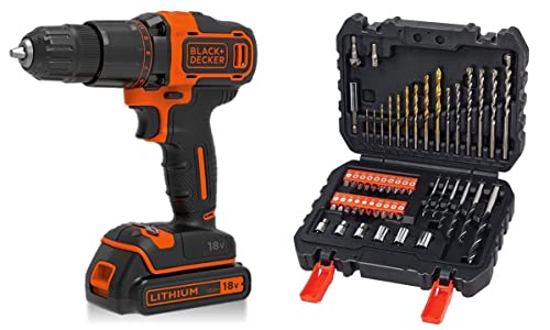 BLACK+DECKER 18 V Cordless 2-Gear Combi Hammer Drill Power Tool with Kitbox, 1.5 Ah Lithium-Ion, BCD700S1K-GB with Black + Decker A7188 Drill and Screwdriver Bit Set 50-Piece