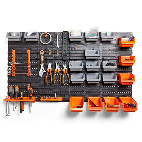 VonHaus Workshop Storage - 44 Pcs Wall Mount Storage Organiser Bin for Tool Shed, Garage and Workshop - Wall Storage Organiser with Tool Holder and Hook Set - Plastic Pegboard Wall Storage Bins