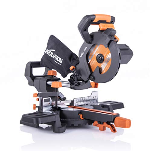Evolution Power Tools R185SMS+ Compound Saw with Multi-Material Cutting, 45 Degree Bevel, 50 Degree Mitre, 210 mm Slide, 1200 W, 210 mm, 230 V, (3-Year Warranty)