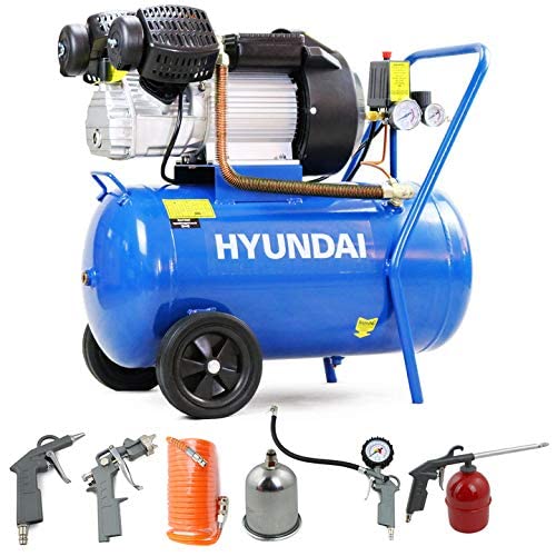 Hyundai 50 Litre Portable Air Compressor, 2.2kW, 116psi/14CFM, 3HP Air Compressor, Direct Drive V-Twin with 5 Piece Tool kit, Euro Quick Release Fittings, 2 Year Warranty